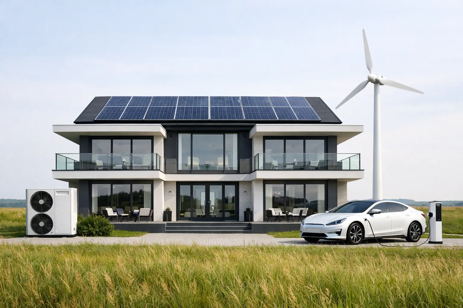 Modern eco-friendly home with solar panels, wind turbine, electric vehicle charging, and heat pump