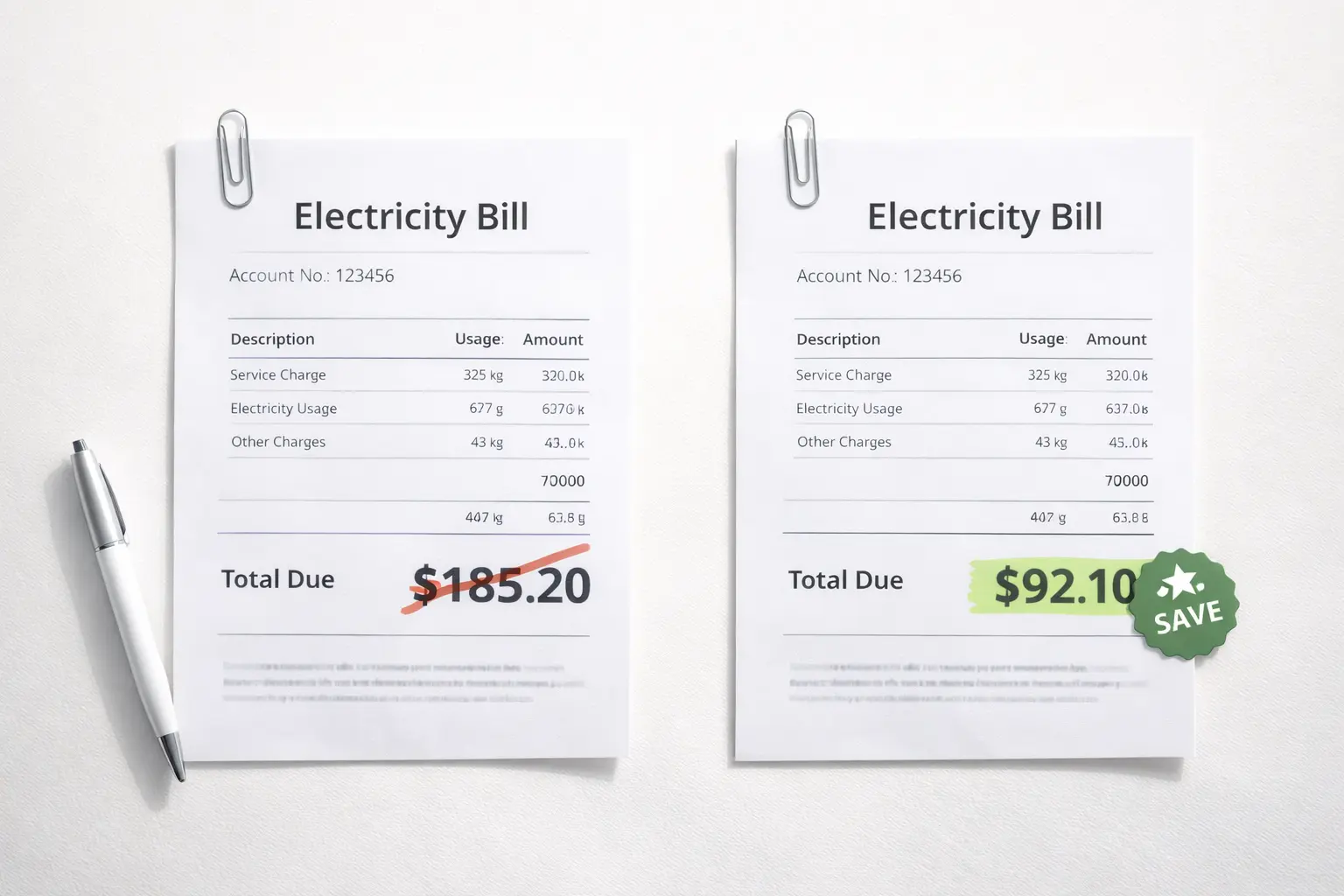 Energy bill comparison showing savings